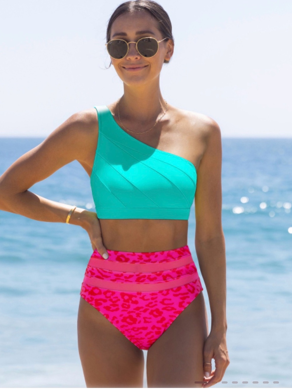 Asymmetrical Teal One-Shoulder Bikini Top with Hot Pink High-Waist Bottoms